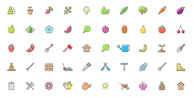 Conjunto de iconos de jardinería inteligente agroecológica natural Elementos de ilustración de vectores de alimentos ecológicos