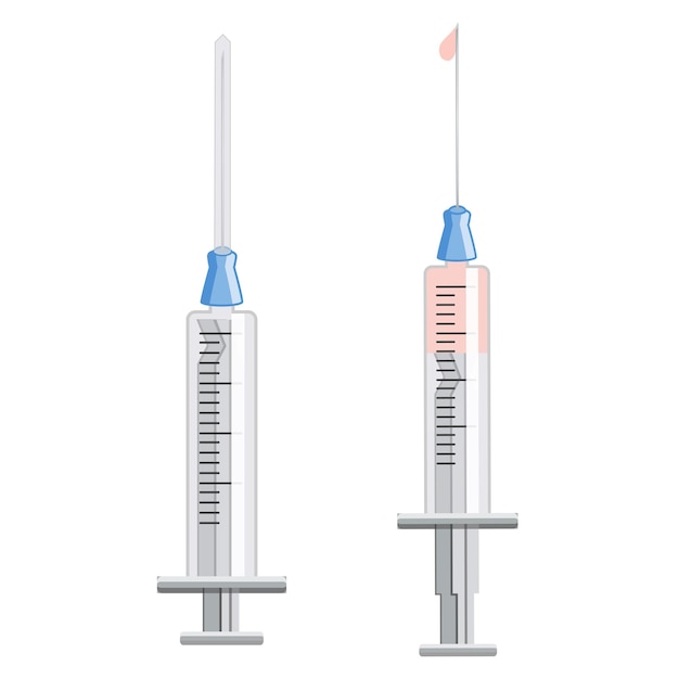 Conjunto de iconos de jeringas médicas Las jeringas están llenas de medicina de vacuna Ilustración de jeringas médicas con una aguja en estilo plano minimalista