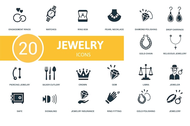 El conjunto de iconos de joyería contiene temas de joyería de iconos editables
