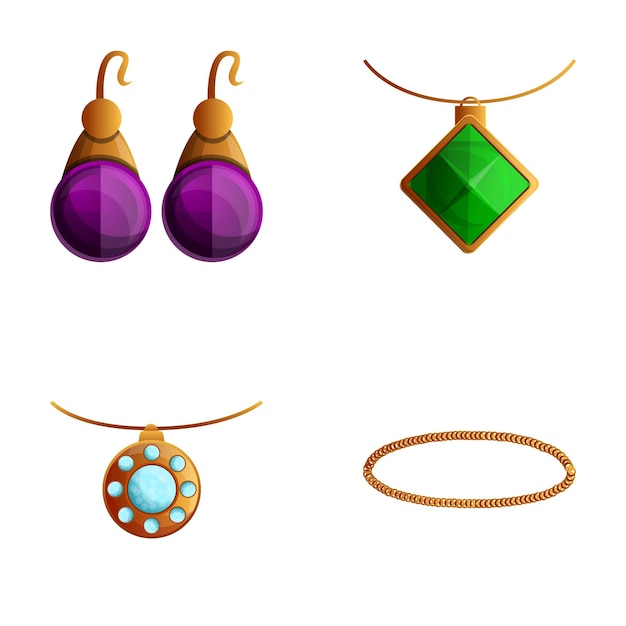Conjunto de iconos de joyería vector de dibujos animados Haciendo joyería de mujer Bisutería