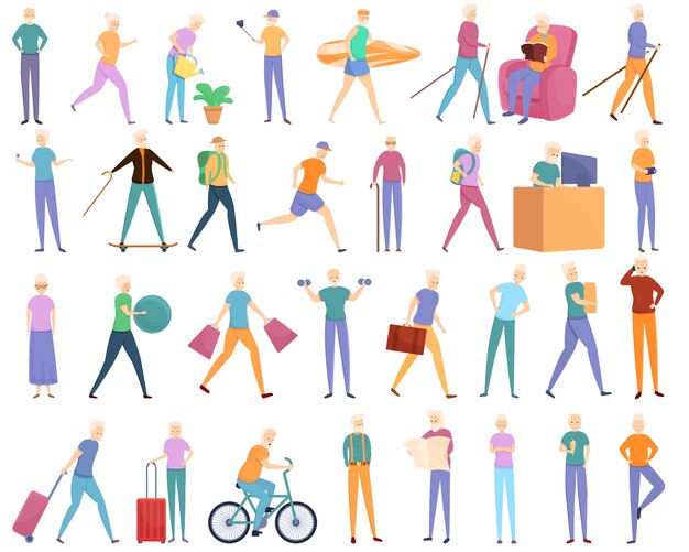 Conjunto de iconos de jubilación, estilo de dibujos animados