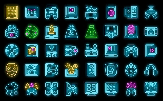 Conjunto de iconos de juegos en línea neón vectorial