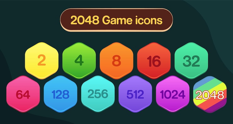 Vector conjunto de iconos de juegos móviles. elementos gui para aplicaciones móviles, ilustración vectorial en estilo de dibujos animados, juego 2048.