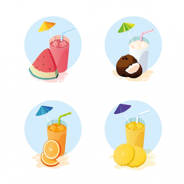 Conjunto de iconos de jugos con frutas