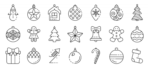 Conjunto de iconos de juguetes de árbol de Navidad, estilo de contorno
