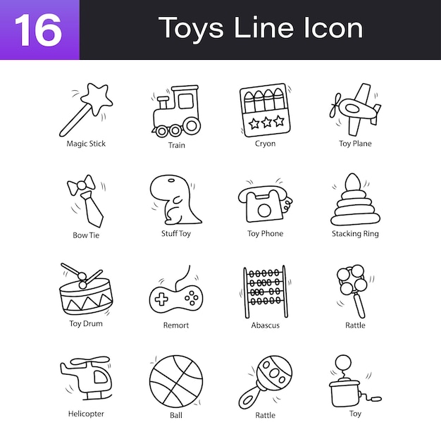 Conjunto de iconos de los juguetes en estilo doodle Conjunto dibujado a mano 01