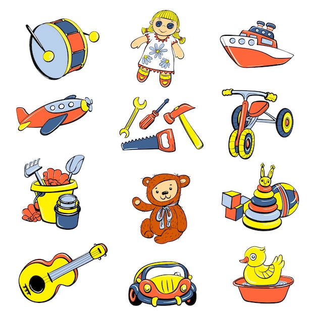 Vector conjunto de iconos de juguetes infantiles o juguetes infantiles