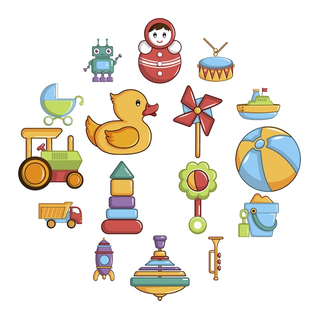 Conjunto de iconos de juguetes para niños, estilo de dibujos animados