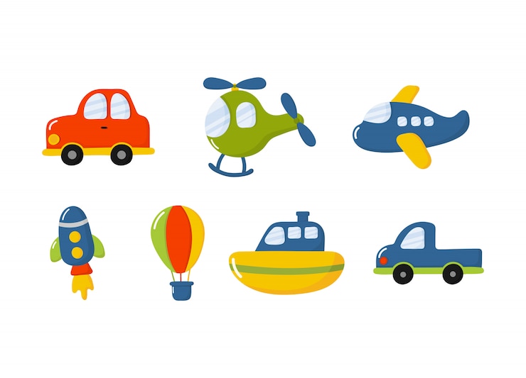 conjunto de iconos de juguetes de transporte de dibujos animados. Autos, barco, helicóptero, cohete, globo y avión aislados