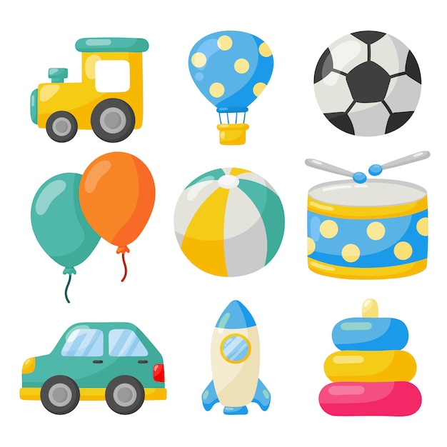 Conjunto de iconos de juguetes de transporte de dibujos animados. coches, helicópteros, cohetes, globos y aviones aislados en blanco