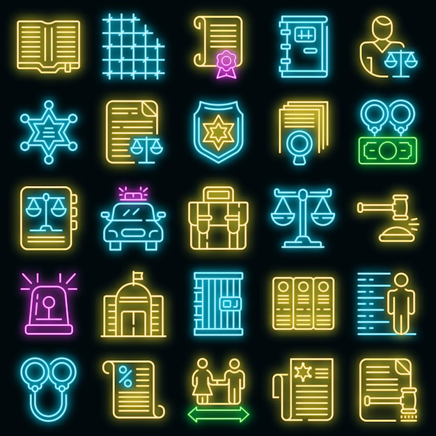 Conjunto de iconos de justicia penal. Esquema conjunto de iconos de vector de justicia penal color neón en negro