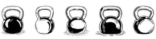 Conjunto de iconos de kettlebells dibujados a mano para el entrenamiento