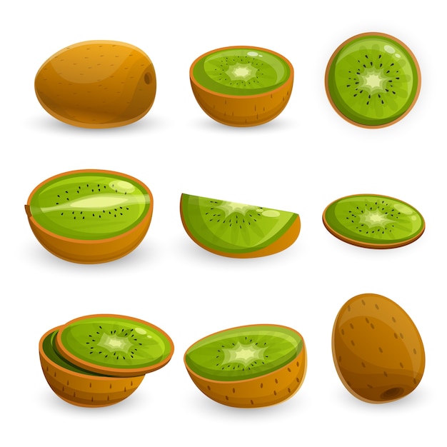 Conjunto de iconos de kiwi, estilo de dibujos animados