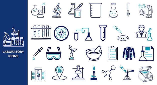 El conjunto de iconos de laboratorio El conjunto de iconas de ciencia El experimento científico La investigación Los iconos de física