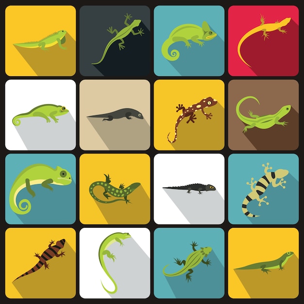 Vector conjunto de iconos de lagarto, estilo plano