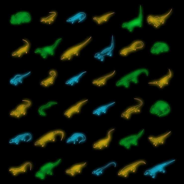 Vector conjunto de iconos de lagarto neón vectorial