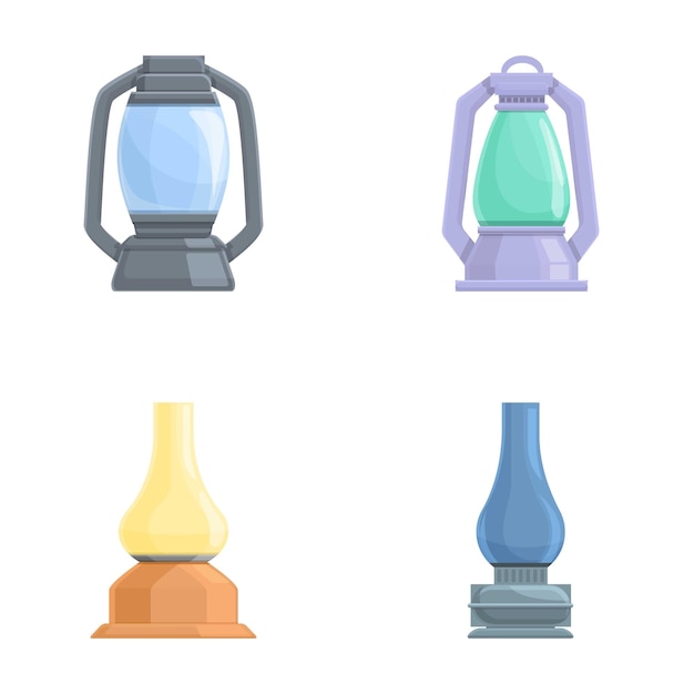 El conjunto de iconos de la lámpara de queroseno vector de dibujos animados Varias lámparas de querosene retro
