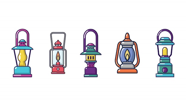 Conjunto de iconos de lámpara turística. conjunto de dibujos animados de iconos de vector de lámpara turística conjunto aislado