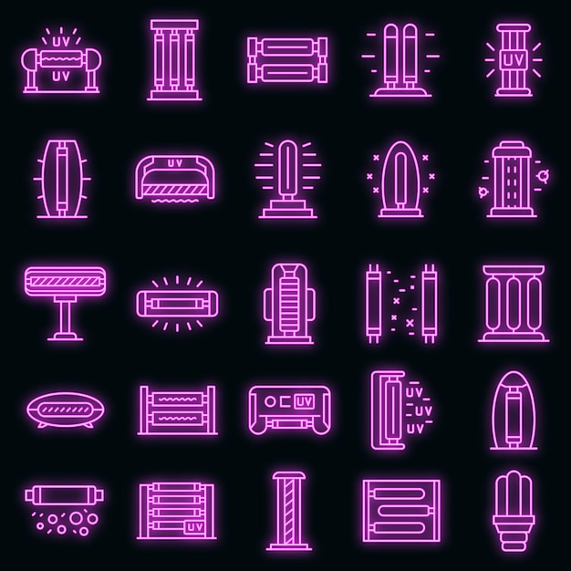 Conjunto de iconos de lámpara uv. conjunto de esquema de color de neón de los iconos de vector de lámpara uv en negro