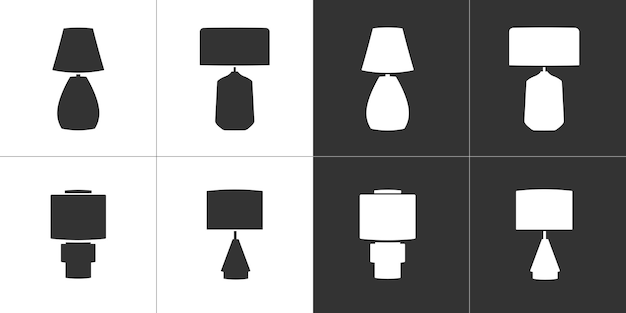 Conjunto de íconos de lámparas de mesa Cuatro íconos vectoriales en blanco y negro Isolados en fondos blancos y negros