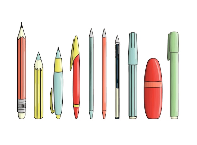 Conjunto de iconos de lápiz y bolígrafo. Papelería de color vectorial, materiales de escritura, útiles escolares o de oficina aislados sobre fondo blanco. Estilo de dibujos animados