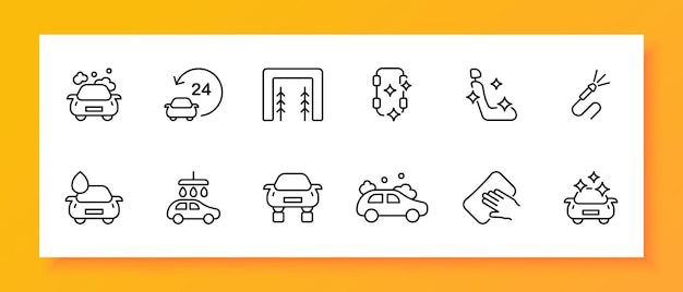 Conjunto de iconos de lavado de automóviles Tela de lavado espumosa grisada Flujo de agua limpieza Limpieza gotas de jabón Icono negro sobre fondo blanco Icono de línea vectorial para negocios y publicidad