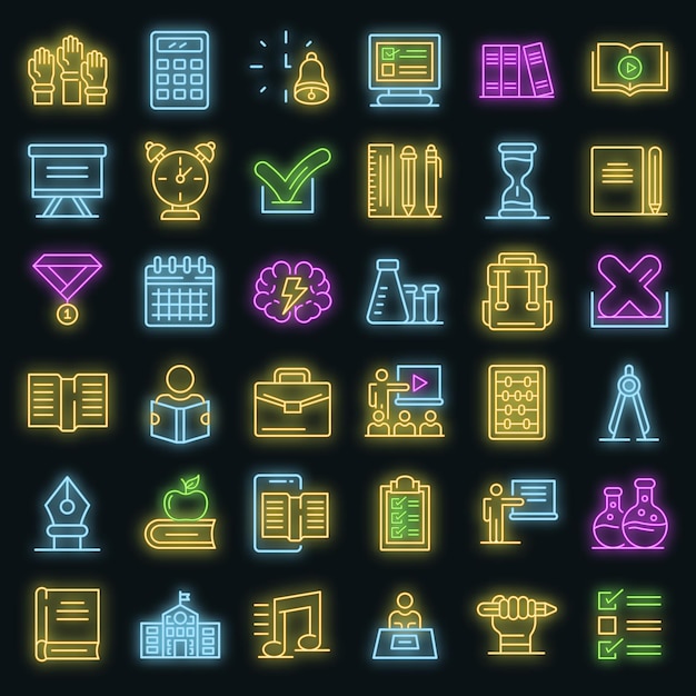 Conjunto de iconos de lección. Esquema conjunto de iconos de vector de lección neoncolor en negro