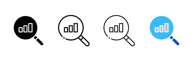 Conjunto de iconos de lentes de ampliación y gráficos de estilo lineal y plano de silueta Iconos vectoriales