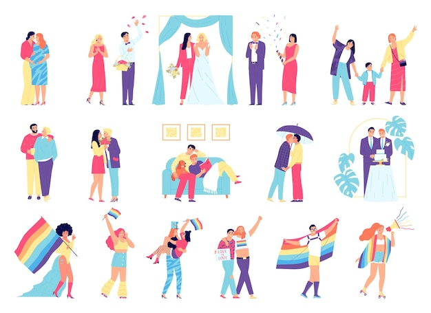 Vector conjunto de iconos lgbt parejas vectoriales enamoradas se casan pasan su tiempo libre caminan con sus hijos asisten a desfiles gay con ilustraciones de banderas del arco iris