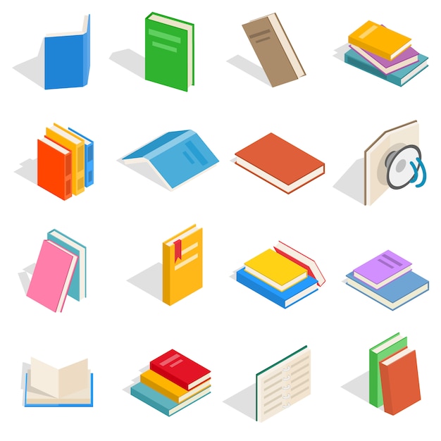 Conjunto de iconos de libro isométrico. iconos de libros universales para usar en la web y la interfaz de usuario móvil, conjunto de elementos de libro básicos aislados ilustración vectorial