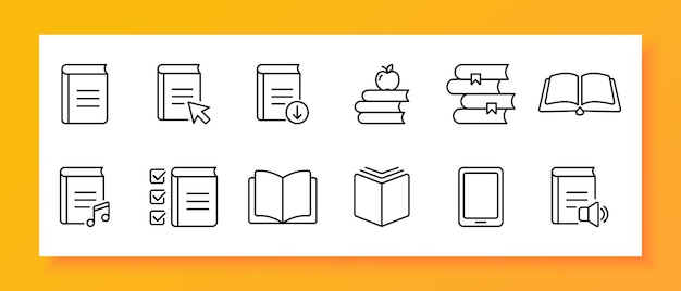 Conjunto de íconos de libros Audio de sonido Haga clic para descargar conveniencia Tablet marca de comprobación Nota Ícono negro sobre un fondo blanco Ícono de línea vectorial para negocios y publicidad