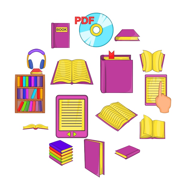 Vector conjunto de iconos de libros, estilo de dibujos animados