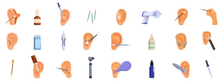 Vector conjunto de iconos para la limpieza del conducto auditivo instrumentos y métodos de limpieza de oídos para mantener la higiene de los oídos