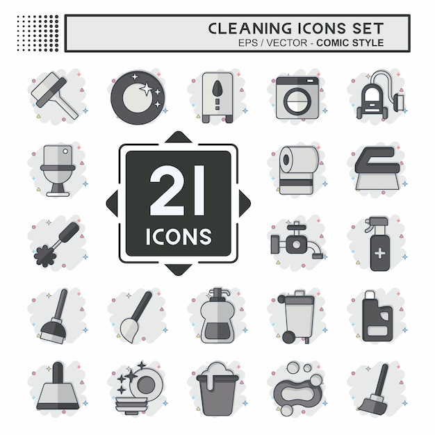 Conjunto de iconos Limpieza relacionada con el símbolo de electrodoméstico estilo cómic ilustración de diseño simple
