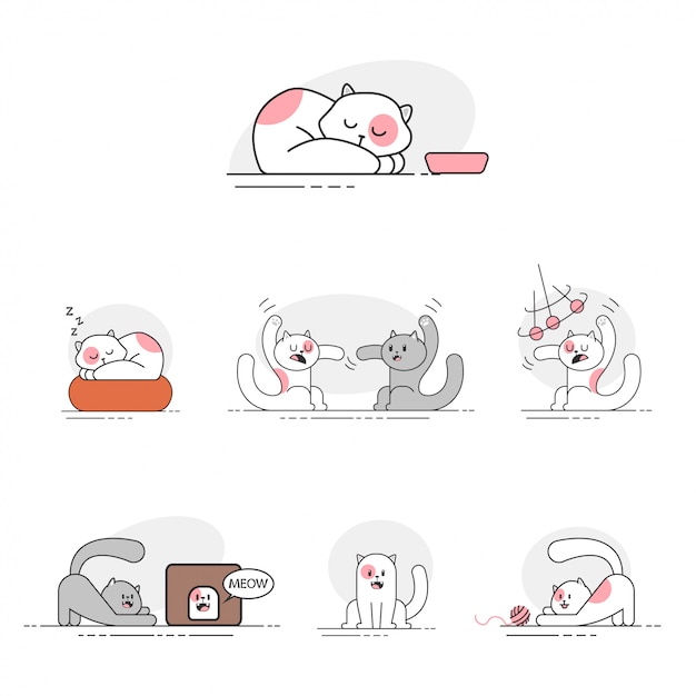 Conjunto de iconos lindo gato plano. Mascotas de diferentes poses. Pequeño personaje de gatitos graciosos aislado en un fondo blanco.