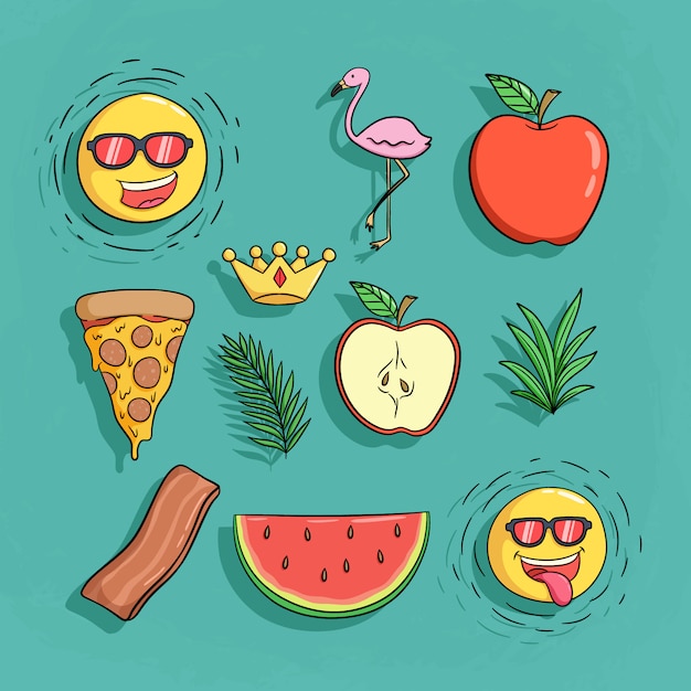 Conjunto de iconos lindos de verano con dibujos animados de flamenco, pizza, sandía y sol