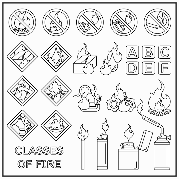 Vector conjunto de iconos de línea de advertencia de fuego y fuego