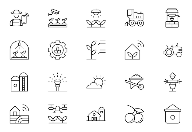 El conjunto de iconos de la línea de agricultura de la granja inteligente La agricultura de la jardinería La agricultura de las ideas digitales La comida