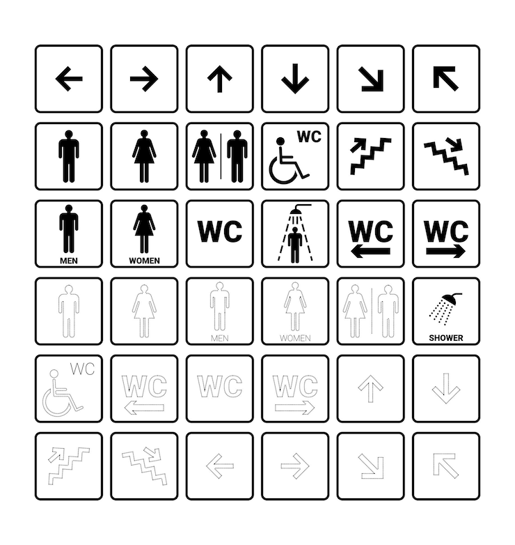 Vector conjunto de iconos de línea de aseo. señal de wc. hombres, mujeres, madre con bebé y símbolo de discapacidad. baño para hombres