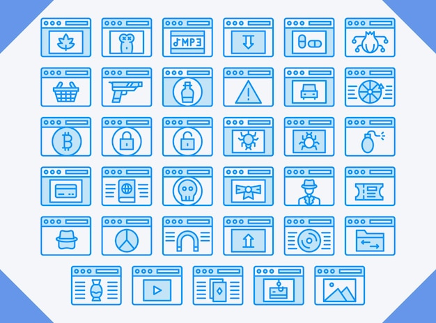 conjunto de iconos de línea azul vectorial de la web oscura