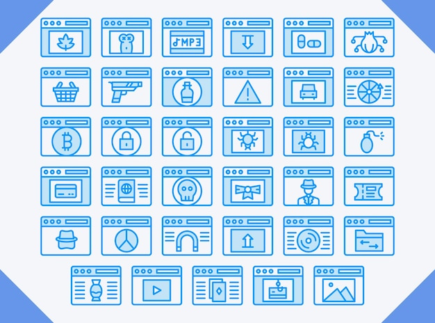 Conjunto de iconos de línea azul vectorial de la web oscura