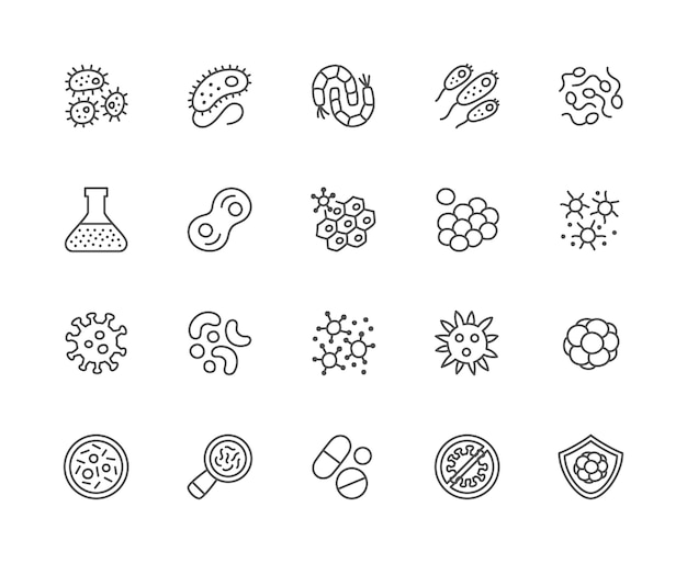 Vector conjunto de iconos de línea de bacterias. microbio, germen, célula, caviar, sistema inmune y más.