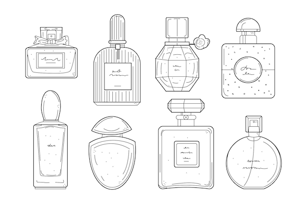 Conjunto de iconos de línea de botellas de perfume dibujadas a mano. Frascos de vidrio con perfume, eau de toilette, fragancia