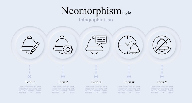 Conjunto de iconos de línea de campana Mensajes de notificación de lápiz Velocidad del reloj Modo silencioso Estilo de neomorfismo Icono de línea vectorial para negocios