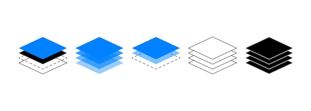 Conjunto de iconos de línea de capa Capas en diferentes diseños y varias posiciones Signo de plantilla de diseño Capas de piso de tela Símbolos de pila de material Ilustración vectorial