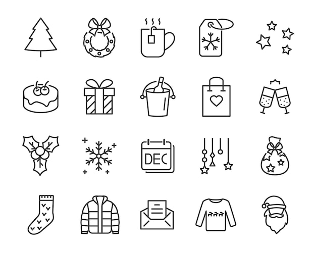 Conjunto de iconos de línea chistmas, como caja, regalo, invierno