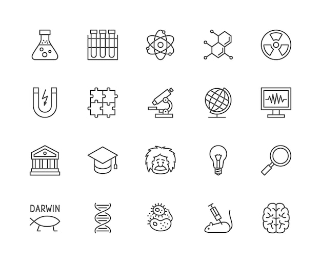 Conjunto de iconos de línea de ciencia. School Globe, Professor, Evolution, Dna y más.