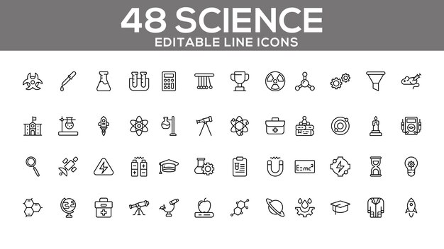 Conjunto de íconos de línea científica Iconos de laboratorio e investigación editables para diseño web y de aplicaciones