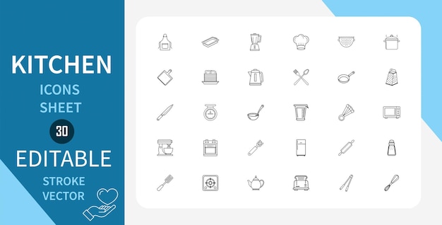 Conjunto de iconos de la línea de cocina Uso de utensilios Alimentos de cocina Restaurante Chef y más