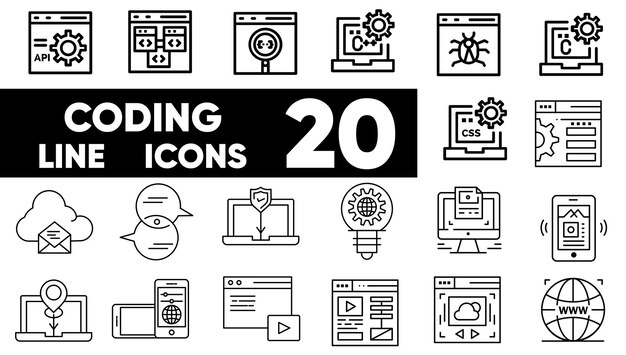 Conjunto de iconos de línea de codificación vectorial e ilustrador